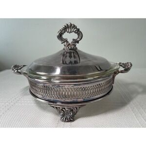 VTG Filigree Silver Plate Tri Foot Serving Set With 1 1/2 Qt Pyrex Serving Dish